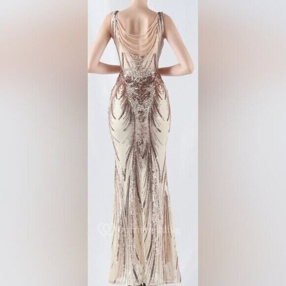 Gold, Double V, Beaded Back, Draped Skirt, Contrast Sequined Mermaid Gown - Picture 15 of 16